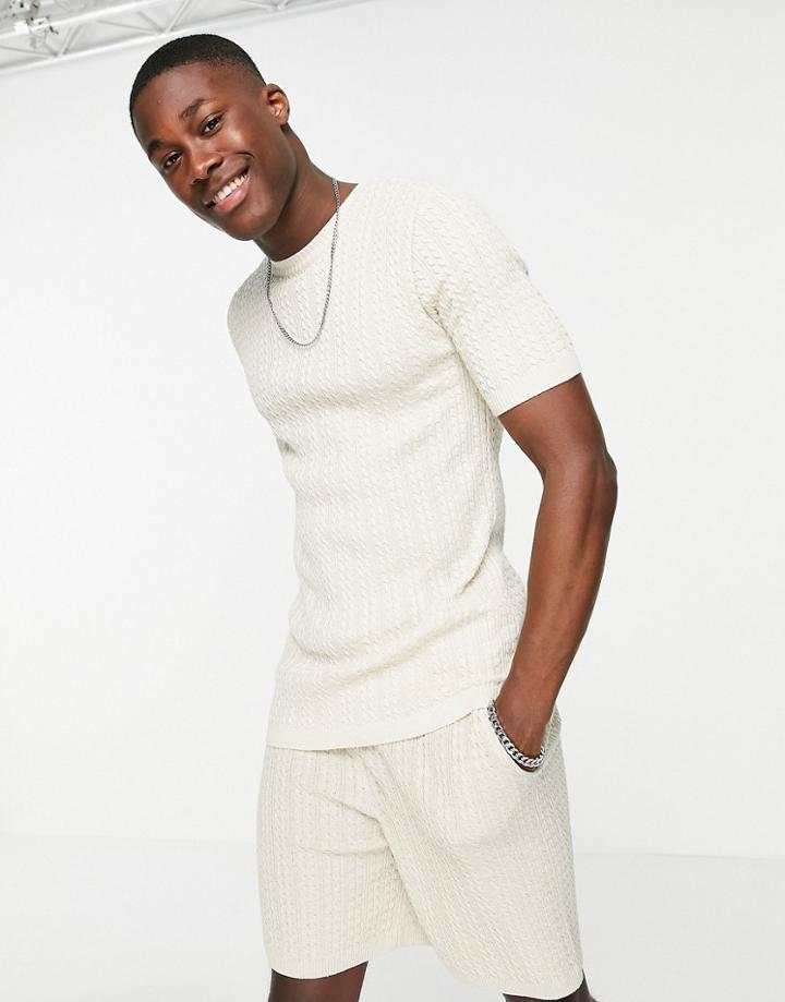 Asos Design Muscle Fit Cable Knit Set T-shirt In Oatmeal-neutral