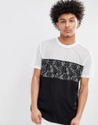 Asos Design Relaxed Longline T-shirt In Mesh With Lace Panel In Black - Black