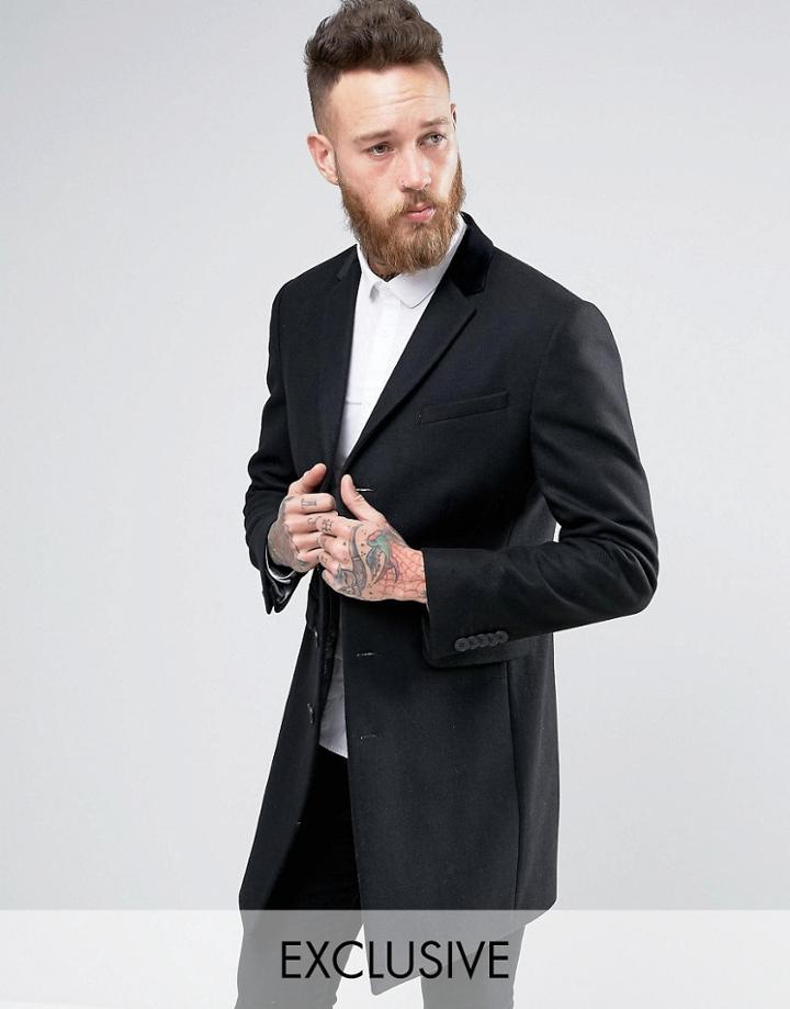 Heart & Dagger Herringbone Overcoat With Velvet Collar - Black