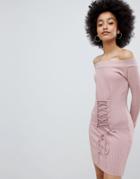 Lasula Knitted Rib Lace Up Sweater Dress - Pink