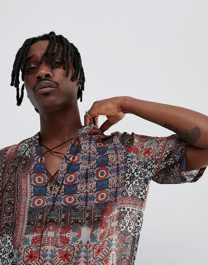 Asos Design Festival Overhead Shirt In Sheer Paisley Print With Lace Up - Multi