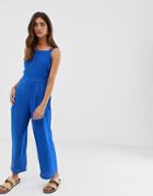 Moon River Overall Jumpsuit With Wrap Front And Tie Back-blue