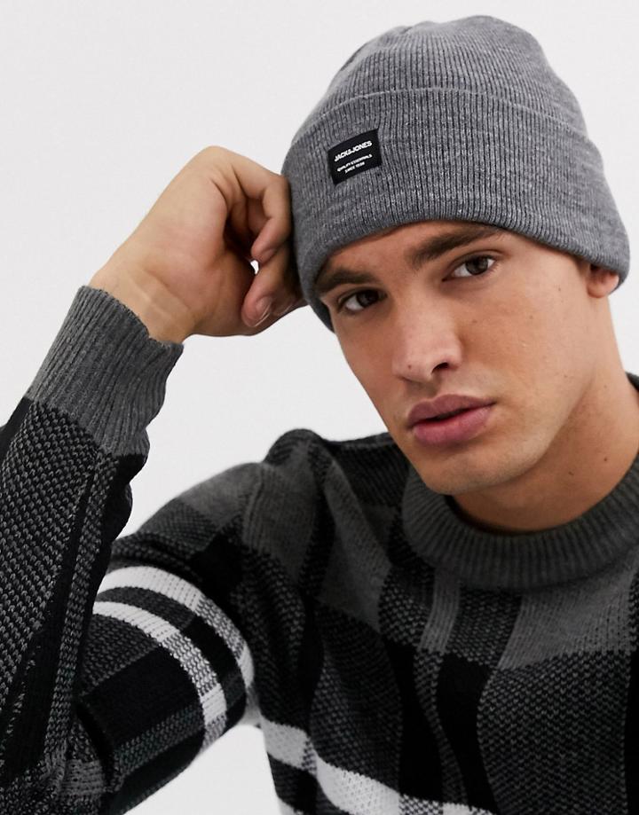 Jack & Jones Logo Beanie In Gray