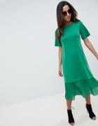 Asos Design Midi T-shirt Dress With Pleated Hem - Green