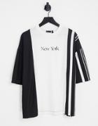 Asos Design Oversized T-shirt In Black And White Color Block With Stripe And New York City Print