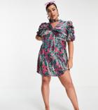 Simply Be Satin A Line Dress With Puff Sleeves In Floral Print-multi