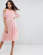 Needle & Thread Daisy Embroidery Midi Dress With Cold Shoulder - Pink
