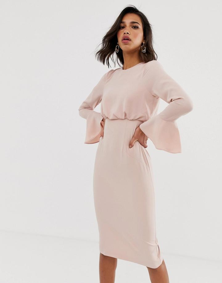 Asos Design Fluted Sleeve Midi Pencil Dress - Pink