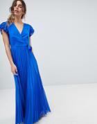 Asos Pleated Maxi Dress With Flutter Sleeve - Blue