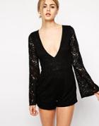 Motel Lace Romper With Flared Sleeve - Black