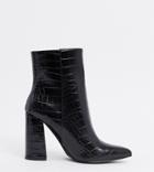 London Rebel Wide Fit Pointed Heeled Boots In Black Croc