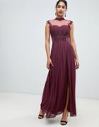 Little Mistress High Neck Chiffon Maxi Dress With Lace Back And Delicate Floral Applique Detail - Purple
