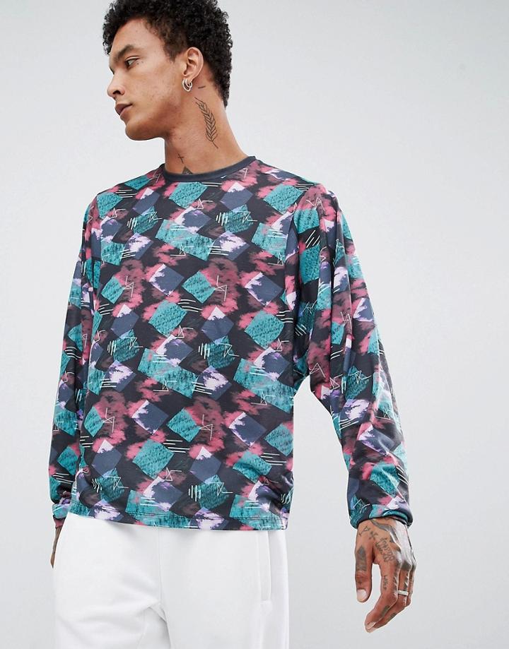 Asos Design Batwing Long Sleeve T-shirt With All Over Retro Geo Print - Multi