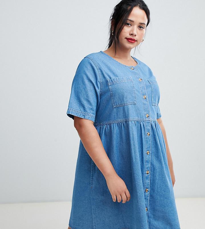 Asos Design Curve Denim Smock Dress In Midwash Blue