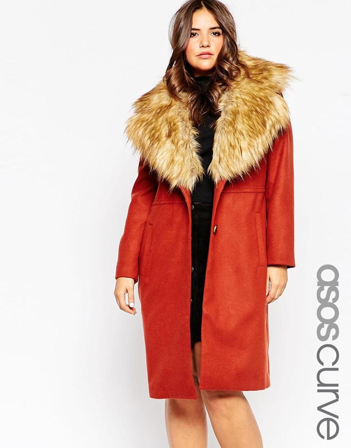 Asos Curve Midi Coat With Faux Fur Collar - Chestnut