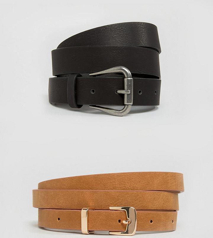 Asos Design Curve Vegan 2 Pack Jeans Belt And Skinny Belt Pack In Water Based Pu - Multi
