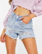 Pieces Embroidered Denim Shorts In Blue-blues