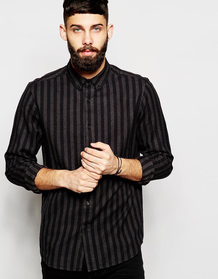 Asos Flannel Shirt With Stripes In Long Sleeve - Gray