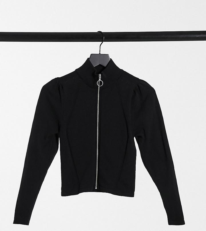 Asos Design Petite Cardigan With Full Zip And Puff Shoulder Detail In Black