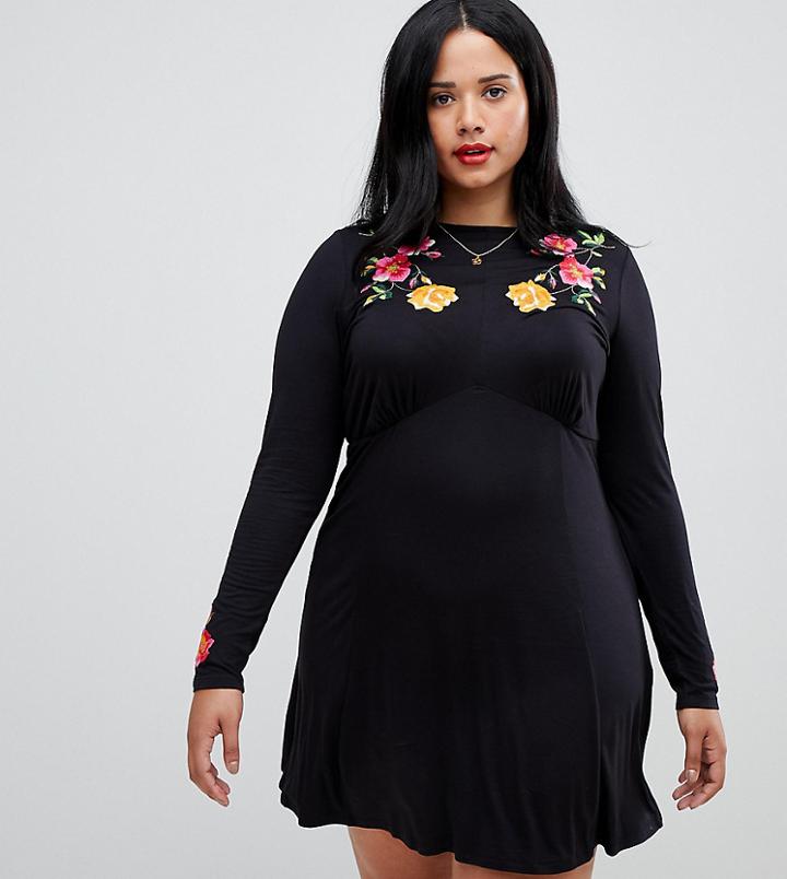 Asos Design Curve Embroidered Long Sleeve Tea Dress - Black