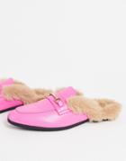 Asos Design Mule Loafers In Bright Pink Faux Leather With Natural Faux Fur