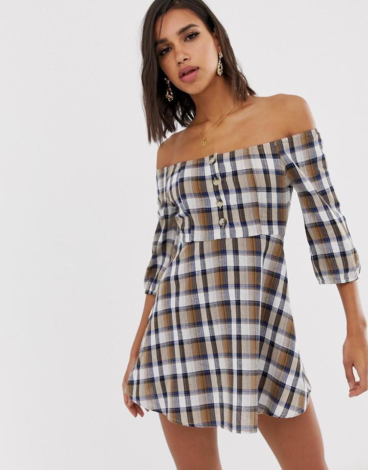 Boohoo Exclusive Bardot Skater Dress In Check Print - Multi