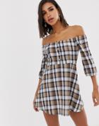 Boohoo Exclusive Bardot Skater Dress In Check Print - Multi