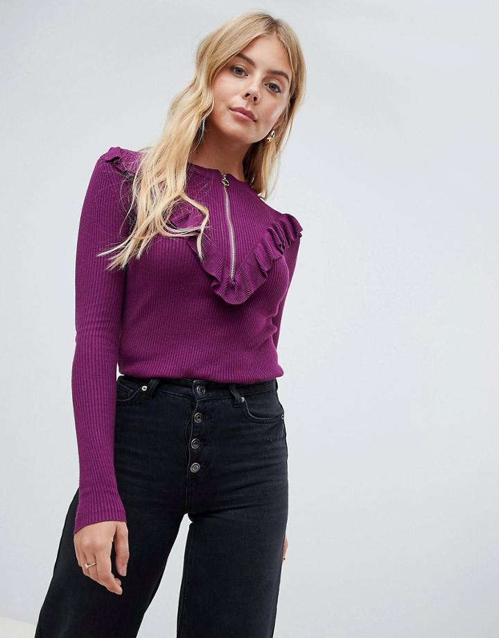 Brave Soul Roxbury Zip Up Sweater With Circle Ring Pull - Red