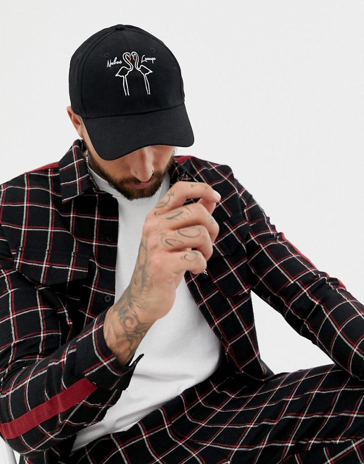 Boohooman Cap With Flamingo Embroidery In Black - Black
