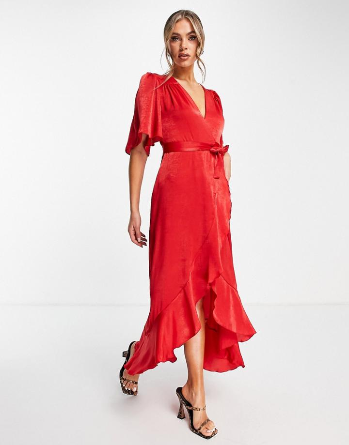 Flounce London Flutter Sleeve Wrap Front Maxi Dress In Red Satin