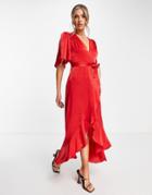 Flounce London Flutter Sleeve Wrap Front Maxi Dress In Red Satin