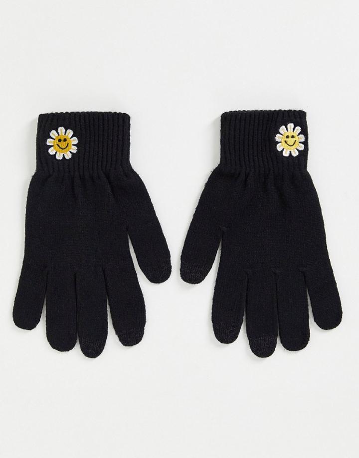 Asos Design Touch Screen Gloves In Recycled Polyester With Embroidery In Black