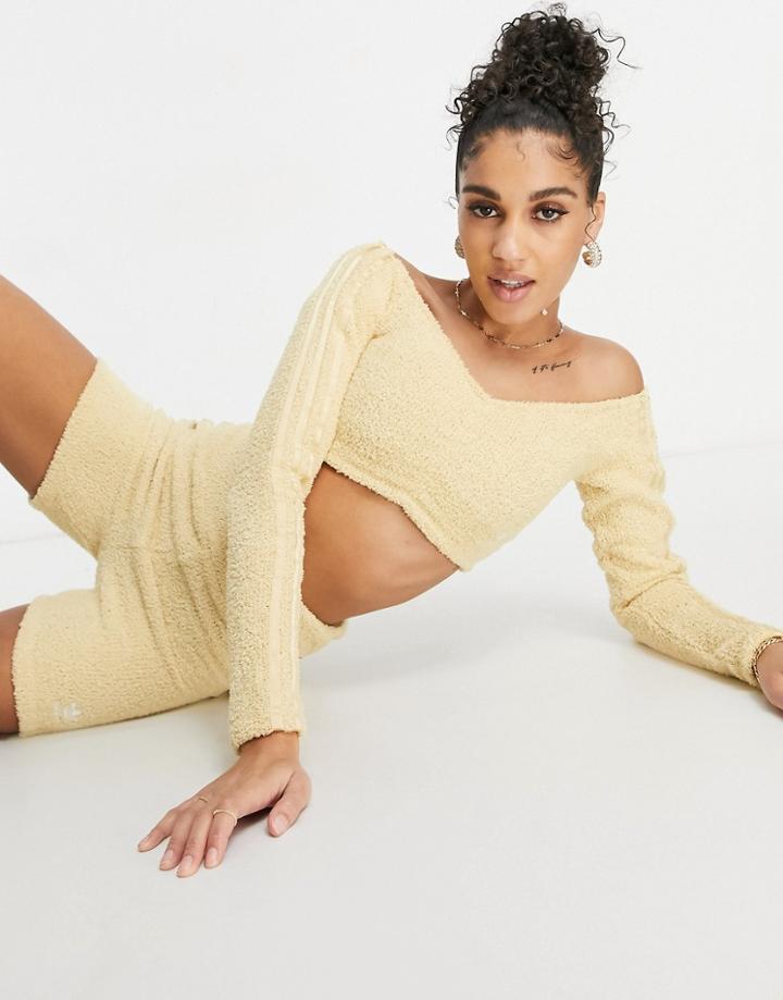Adidas Originals Relaxed Risqu  Fluffy Knit Ruched Cropped Long Sleeve Top In Beige-neutral