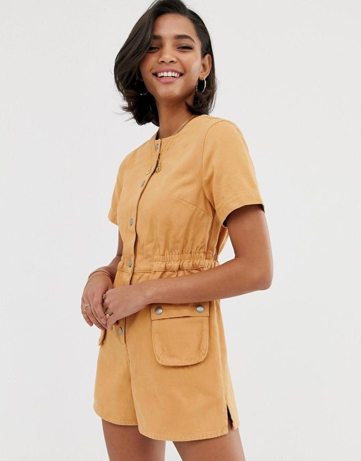 Asos Design Denim Utility Romper With Billow Pocket Detail-tan