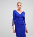 Little Mistress Tall Wrap Front Pencil Dress With Lace Sleeve Detail In Cobalt-blue