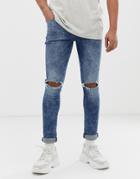 Asos Design Recycled Super Skinny Jeans In Acid Wash Blue With Busted Knees - Blue