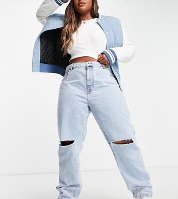 Cotton: On Curve Dad Jeans With Busted Knees In Blue-blues