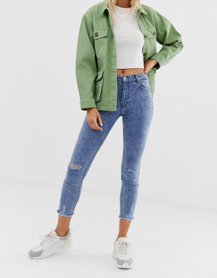 Pull & Bear Ripped Capri Jeans In Light Blue - Blue