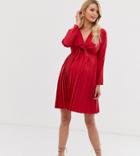Asos Design Maternity Pleated Tie Front Mini Dress-red