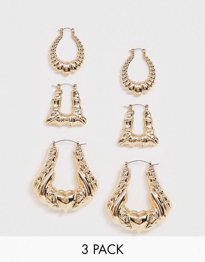Asos Design Pack Of 3 Hoop Earrings In Mixed Textures In Gold Tone - Gold
