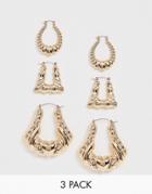 Asos Design Pack Of 3 Hoop Earrings In Mixed Textures In Gold Tone - Gold