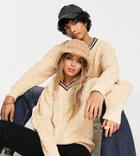 Reclaimed Vintage Inspired Unisex Cricket Cable Sweater With Tipped Neck-white