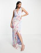 Liquorish Bridesmaid Satin Wrap Front Maxi Dress With Wrap Skirt In Placement Floral-multi