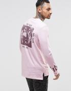 Asos Longline Long Sleeve T-shirt With Back Print And Step Hem - Pink