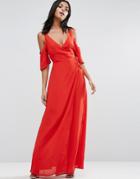 Asos Wrap Front Maxi Dress With Cold Shoulder - Red