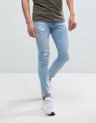 Asos Super Skinny Jeans In Bleach With Rips And Ripped Hem - Blue