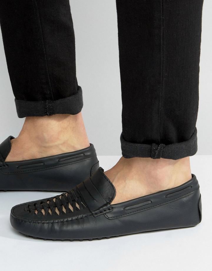 Asos Driving Shoes In Woven Black Leather - Black