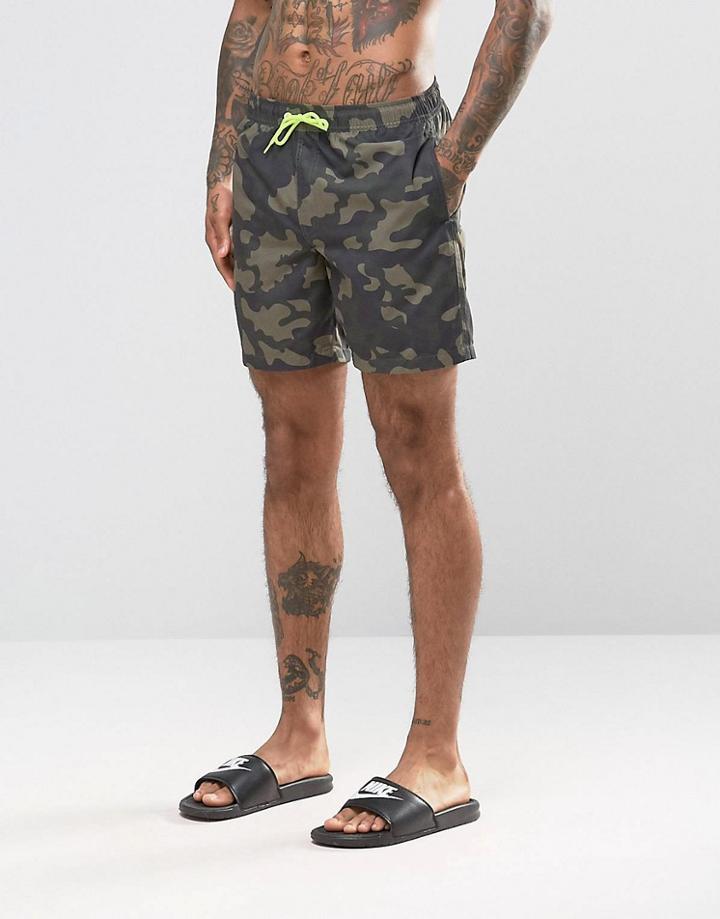 Asos Swim Shorts With Camo Print & Neon Drawcord In Mid Length - Green