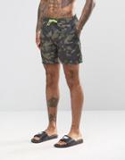 Asos Swim Shorts With Camo Print & Neon Drawcord In Mid Length - Green