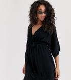 Asos Design Maternity Plunge Tie Waist Kimono Sleeve Crinkle Beach Cover Up In Black - Black